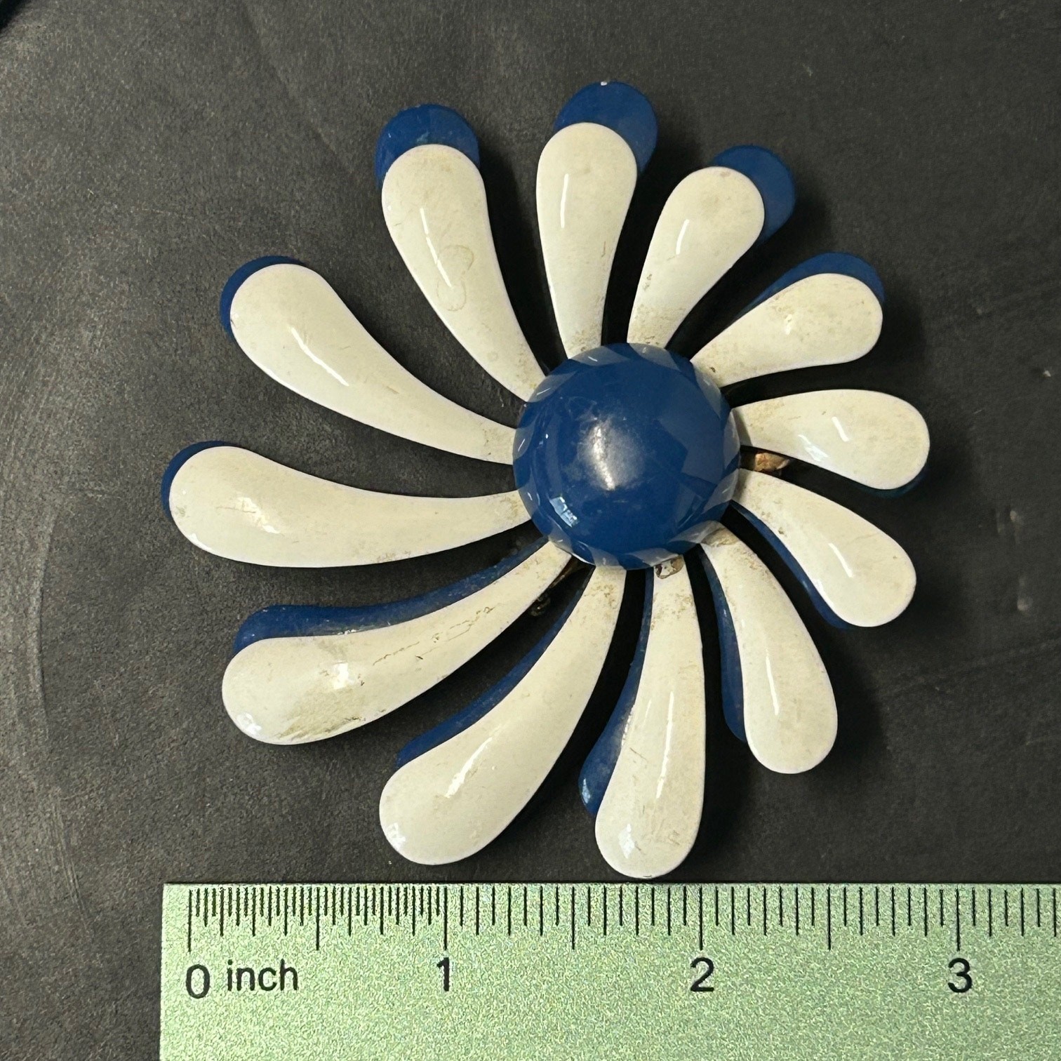 Vintage Blue White Rounded Dimensional Petals Metal Enamel Flower Brooch No Mark