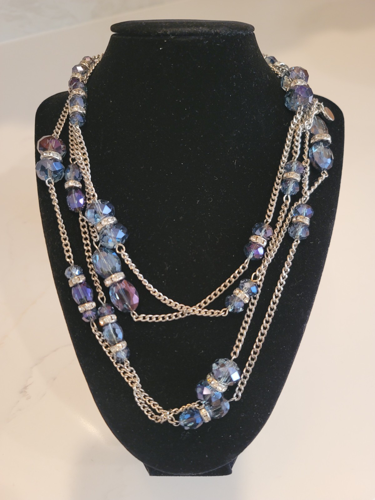 Blue Gray Crystal Double Strand Necklace 44″ Long Silver Tone Beaded