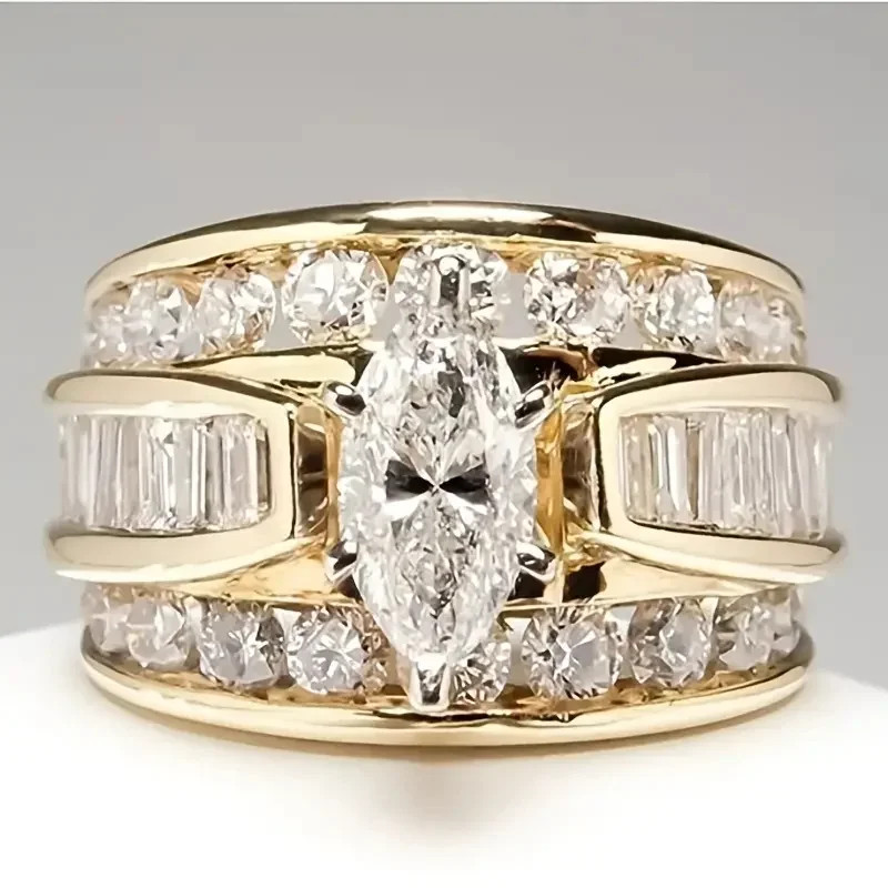 Gold Tone Zircon Ring Women Three Row Geometric Wedding Anniversary Jewelry
