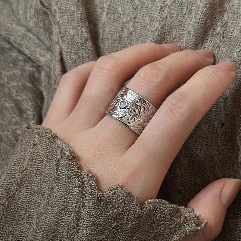 Silver Tone Embossed Moonstone Inlay Vintage Boho Wide Cuff Open Band Ring