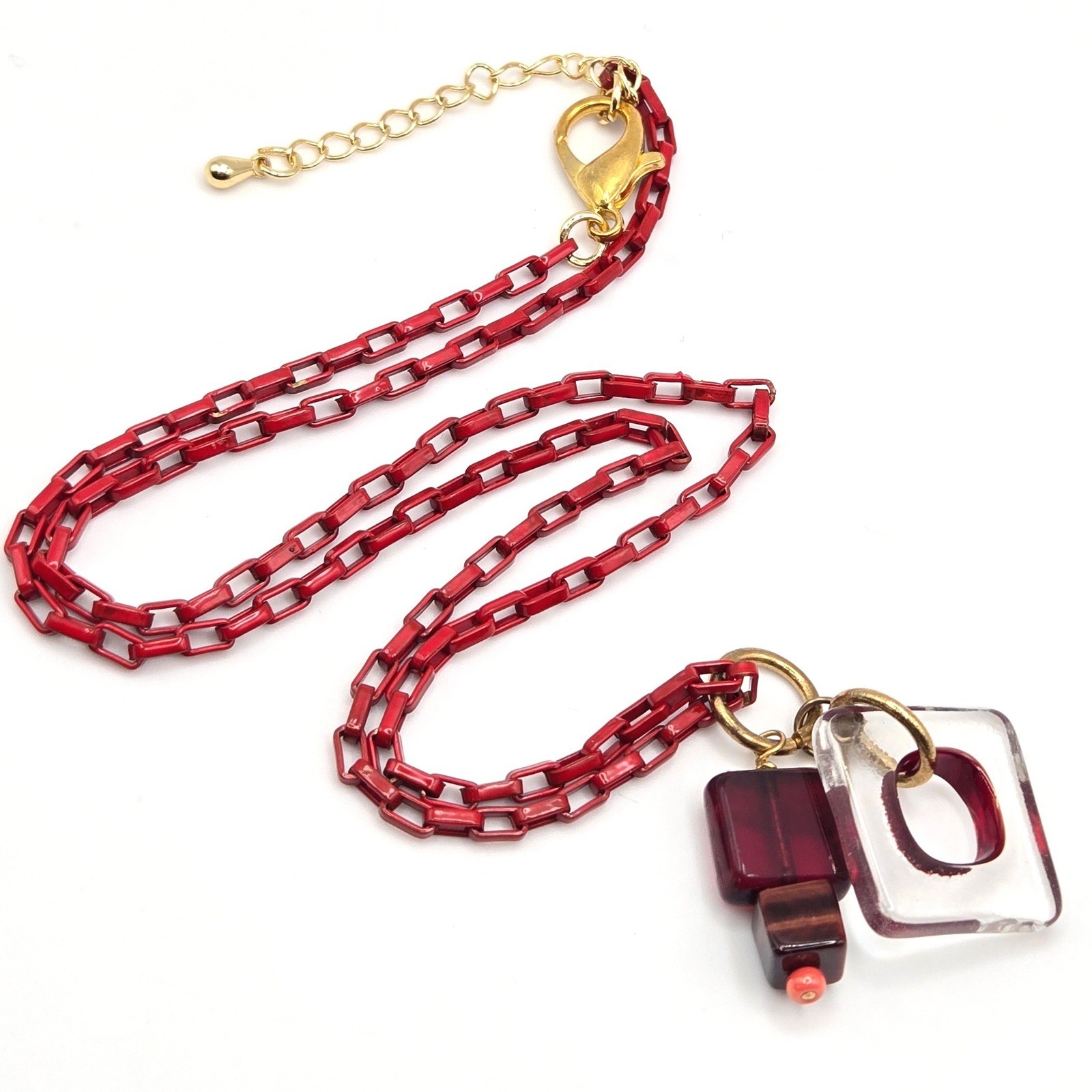 Red Enamel Box Chain Necklace Geometric Glass Stone Square Pendants Adjustable