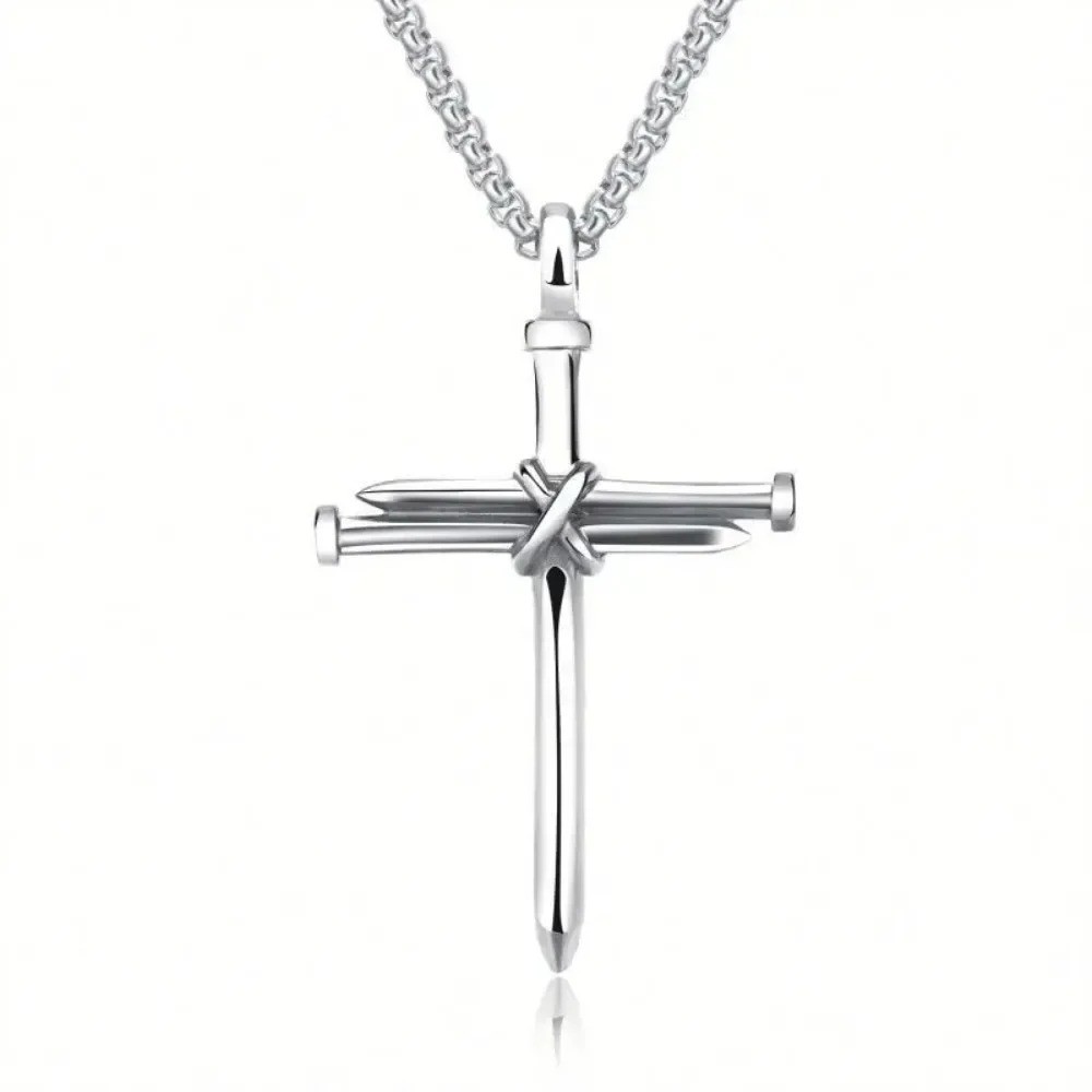 24″ Mens Stainless Steel Jesus Christ Nail Cross Crucifix Pendant Necklace Chain