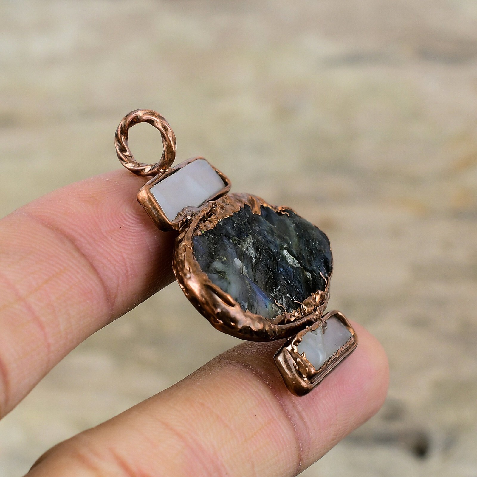Labradorite Rough Gemstone Jewelry Copper Electroformed Pendant For Girls 1.73″