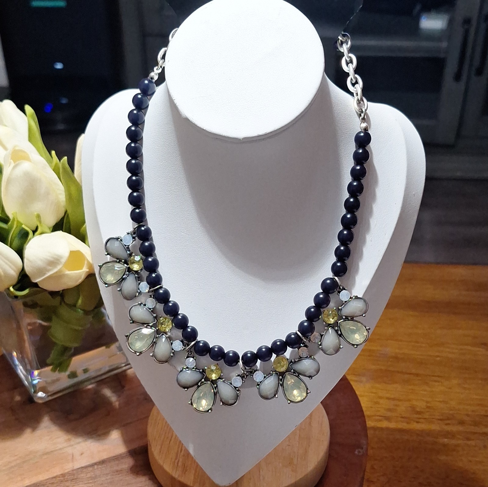 The Limited Blue Beaded Statement Floral Crystal Teardrop Necklace Silver Tone