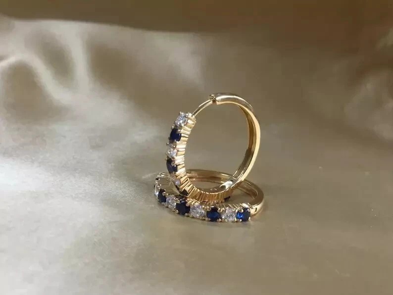 Round Cut Simulated Blue Sapphire Hoop Clip On Earring In 14K Yellow Gold Plated