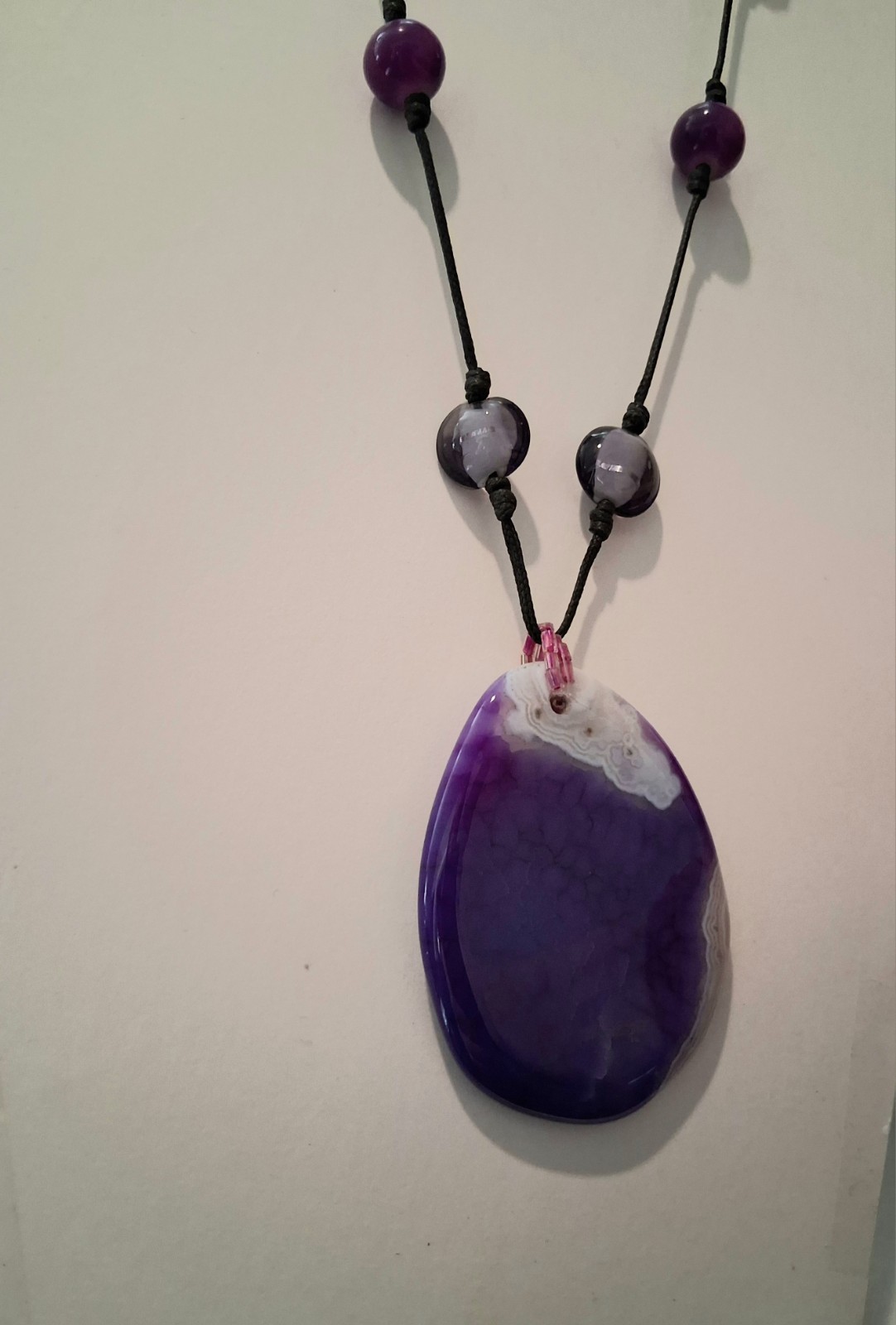 Purple Agate Oval Charm Pendant Beaded Cord Necklace, Purple/White Stone