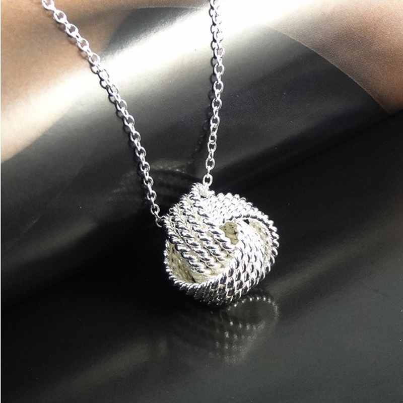 925 Sterling Silver Sweet 12MM Love Mesh Knot Pendant + Necklace Chain Set H3