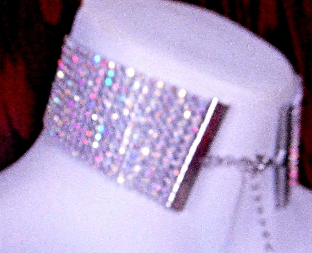 AB RAINBOW CRYSTAL RHINESTONE COLLAR silver wide vinyl choker necklace band 1B