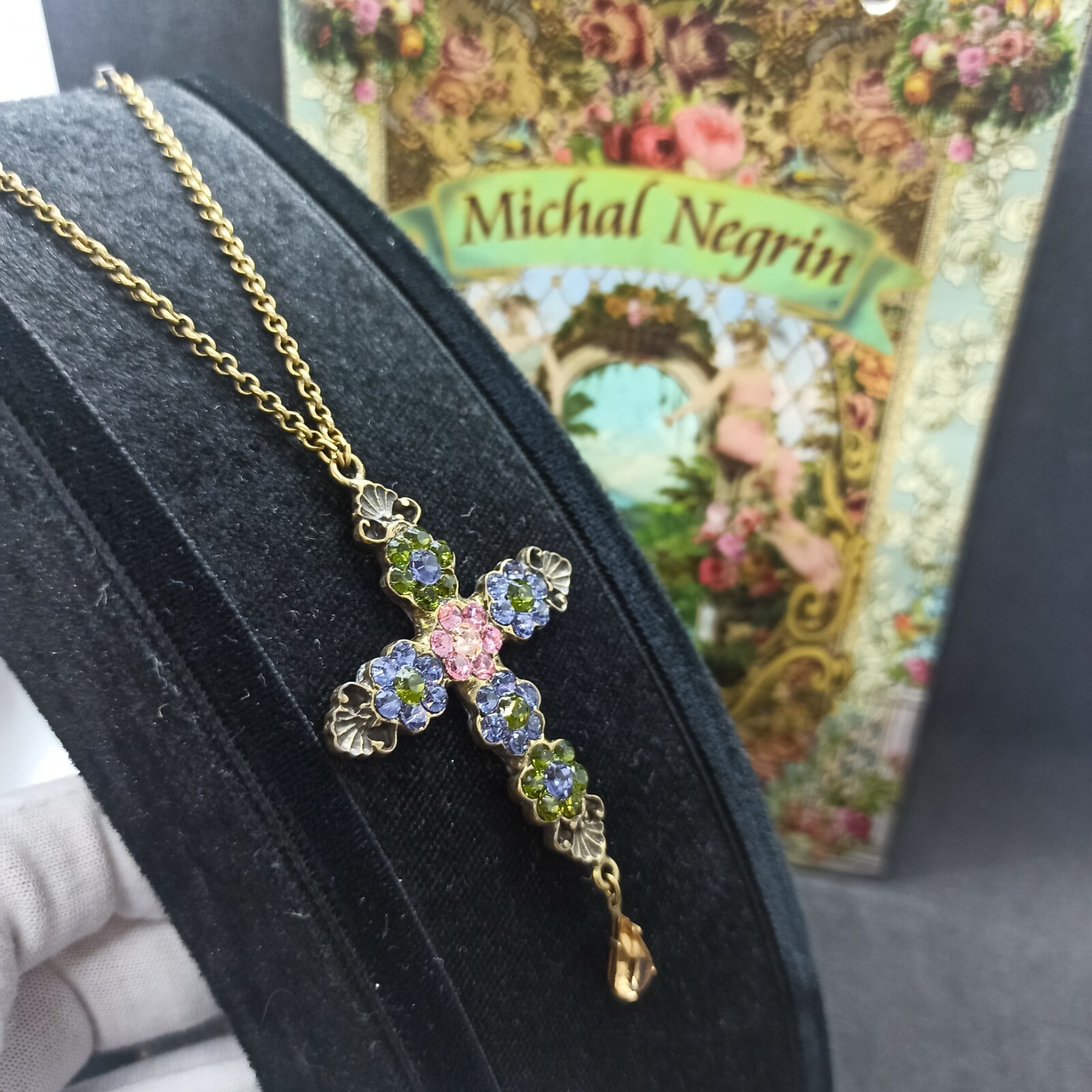 Michal Negrin Cross Necklace Purple Flower Pendant & Swarovski Crystals Gift New