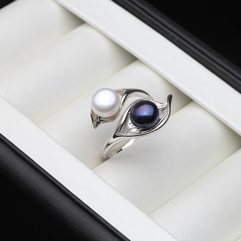 925 Sterling Silver Ring Freshwater Pearl Adjustable Double Band Jewelry