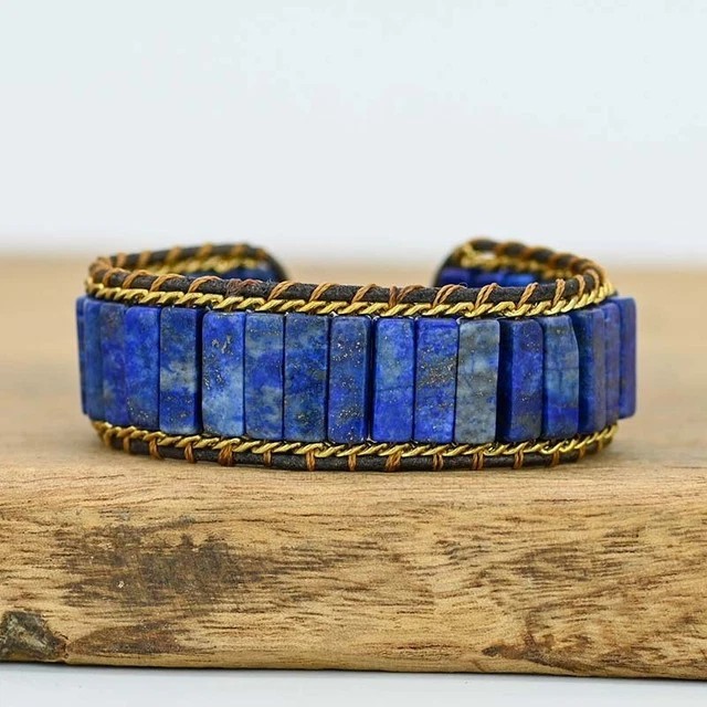 Natural Wide Lapis lazuli Beads Healing Chakra Blue Gemstone Warp Bracelet
