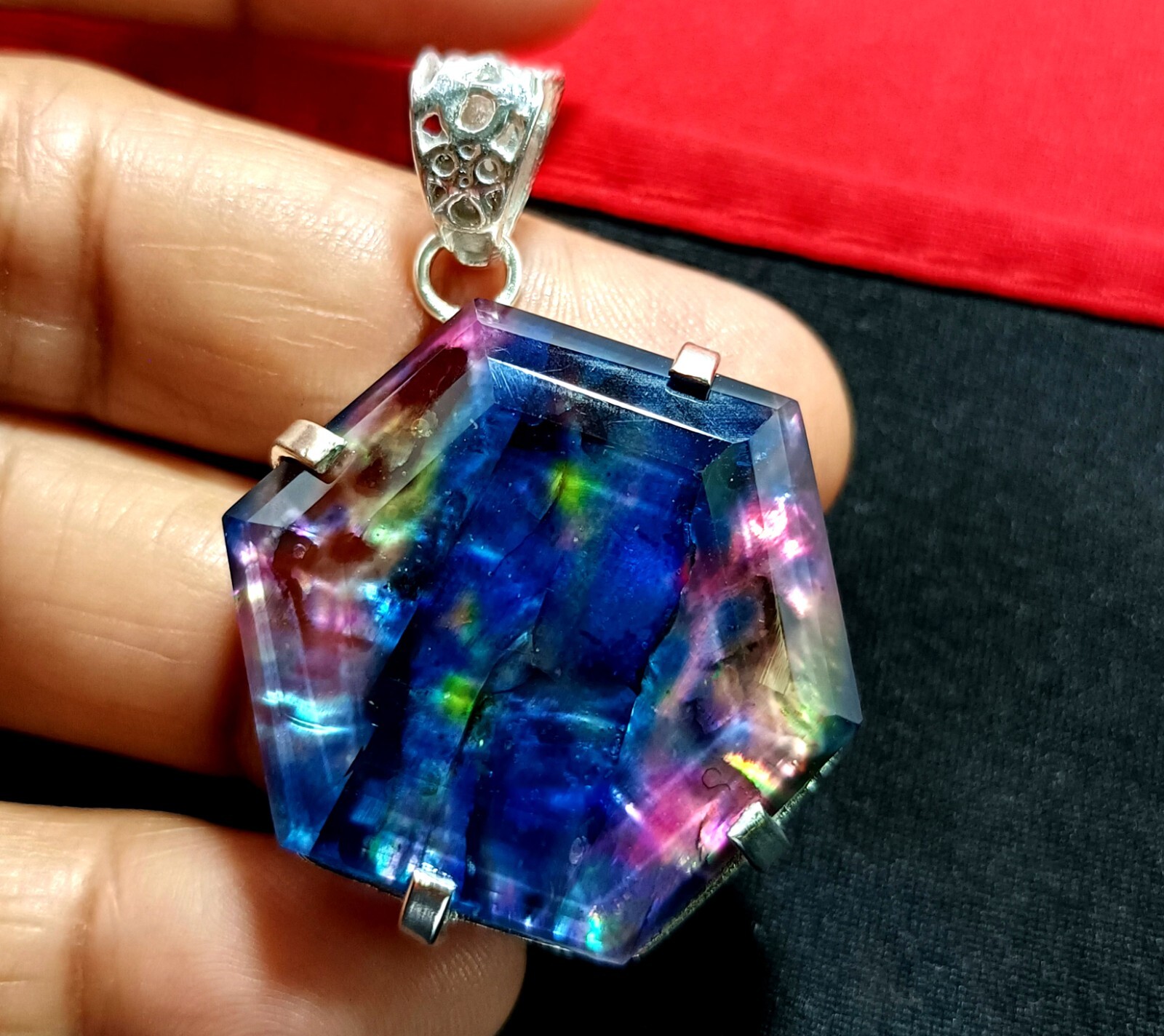 Certified 65.95 Ct Natural Ammolite 925 Solid Silver Hexagon Pendant Gemstone
