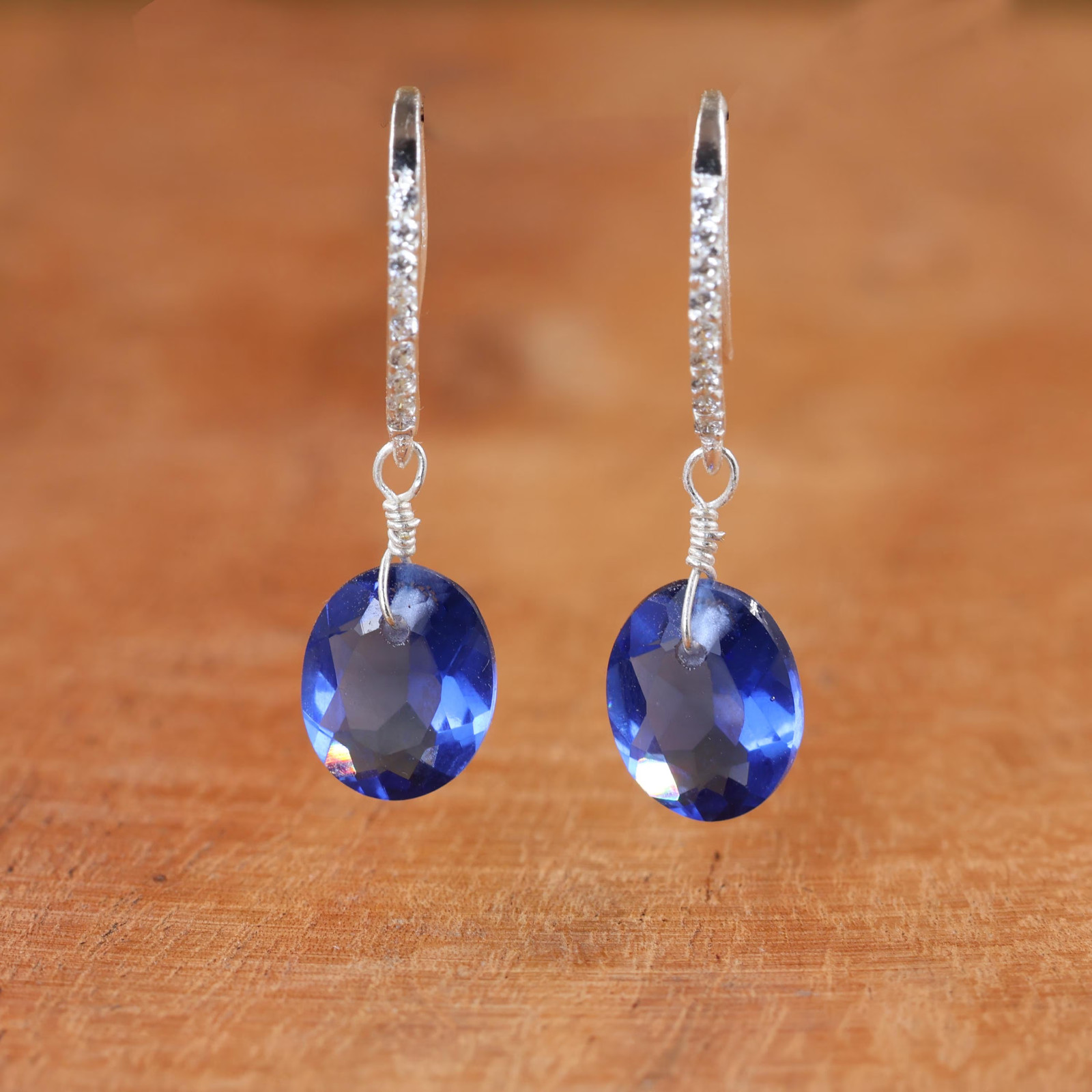 Blue Sapphire Oval Dangle Earrings, Boho Gemstone Earrings, Gift for Her