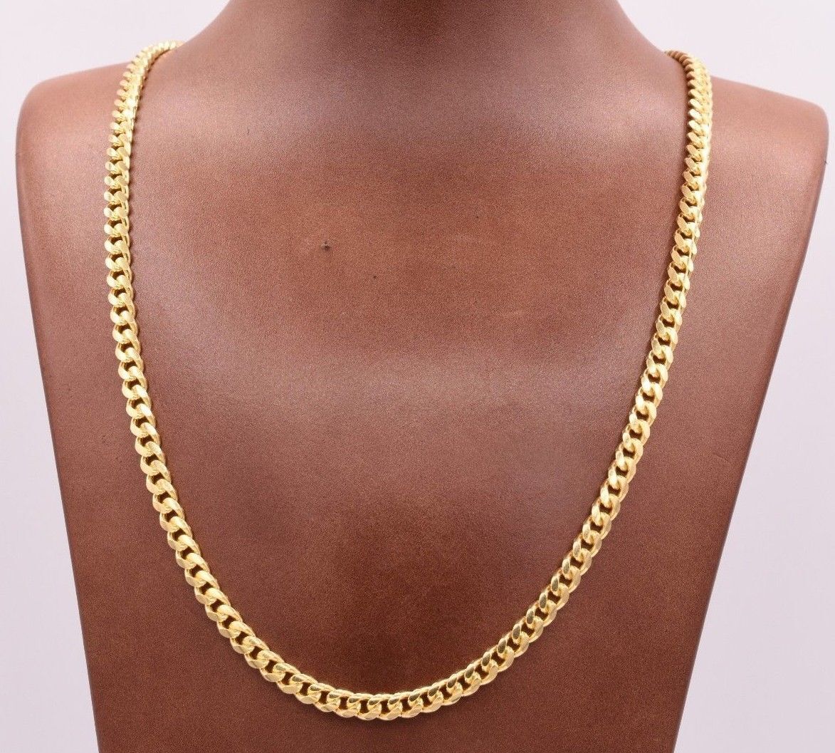 5mm Miami Cuban Chain Necklace Solid Box Lock Real 14K Yellow Gold-Plated Silver