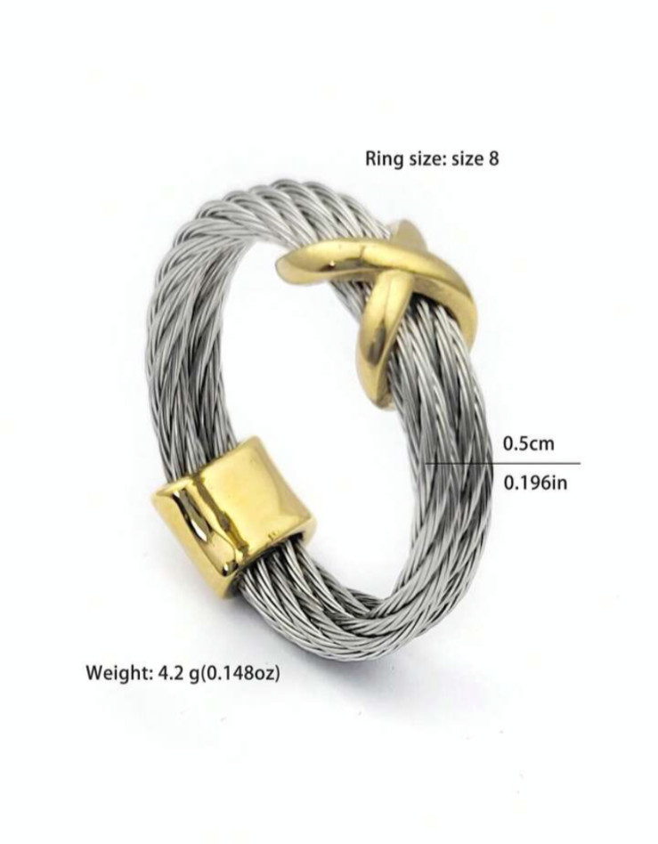 Contemporary Stainless Steel Cable Ring Gold Crisscross Accent
