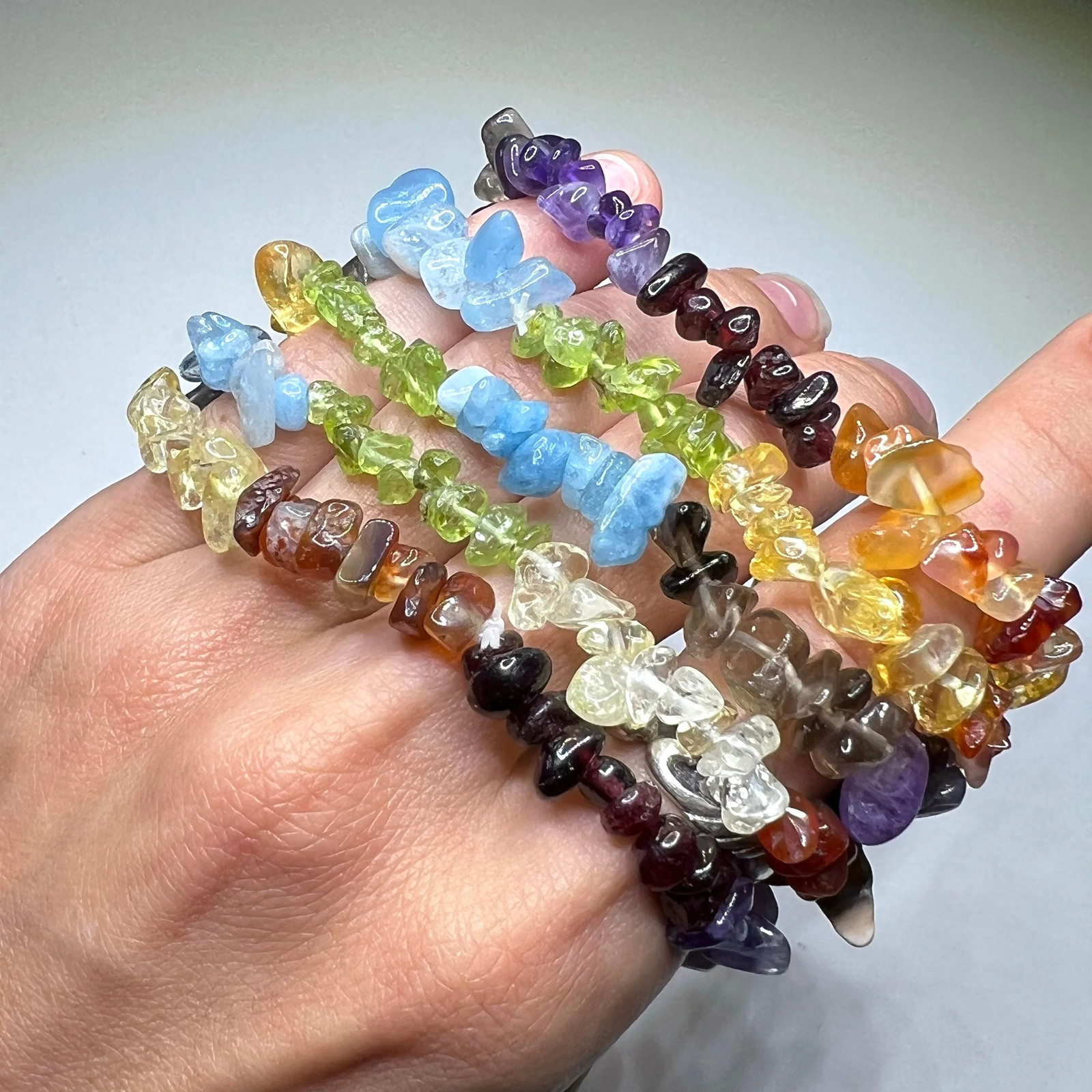 Seven Chakra Stone Chip Bracelet: Gemstone Beaded Stretch Bracelet