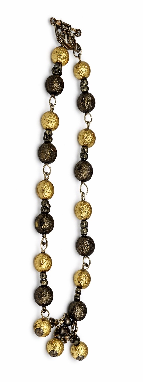 Gold Tone Black Beaded Statement Necklace Textured Ball Toggle Clasp Jewelry