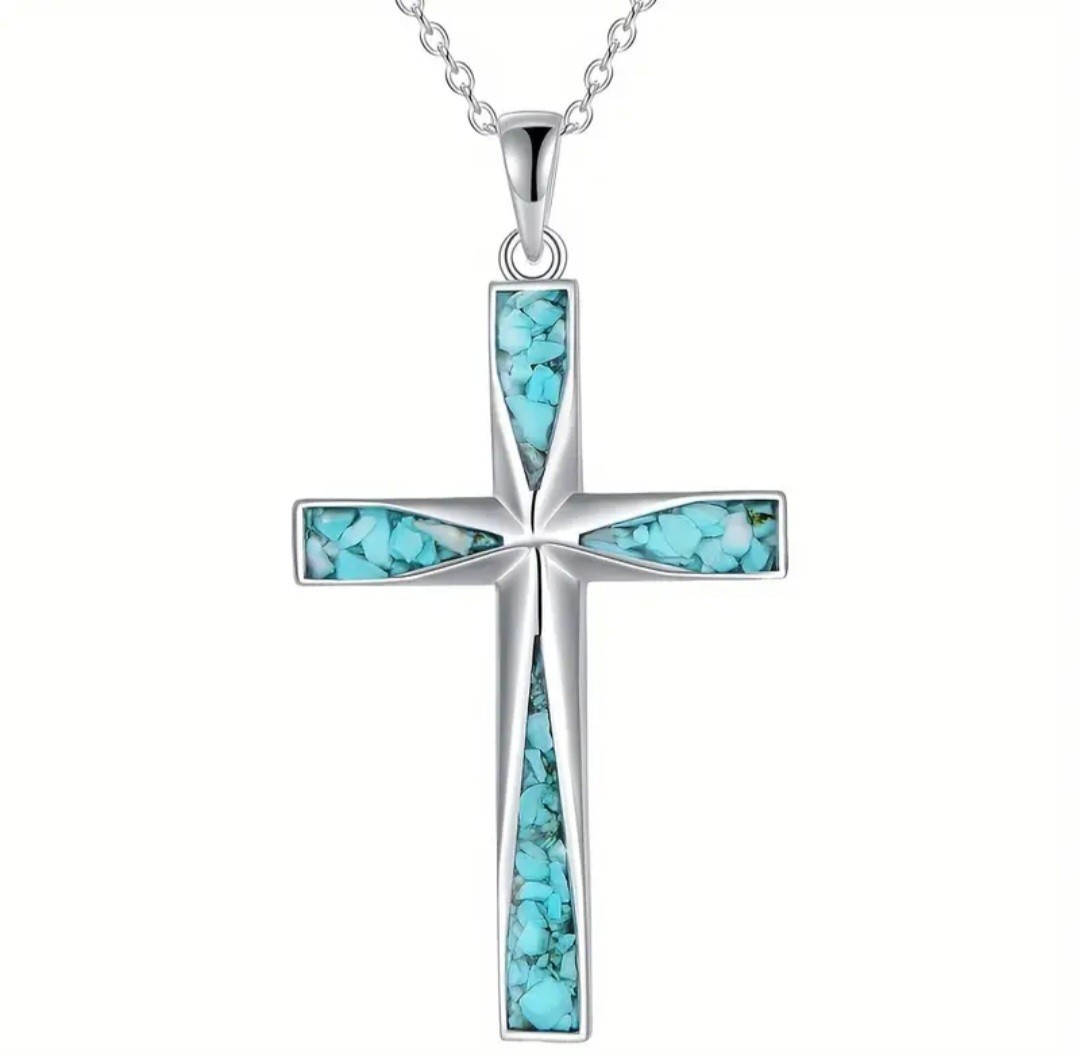 Silver Plated Turquoise Cross Pendant Necklace – Cable Chain, Blue Stone, 17.7in