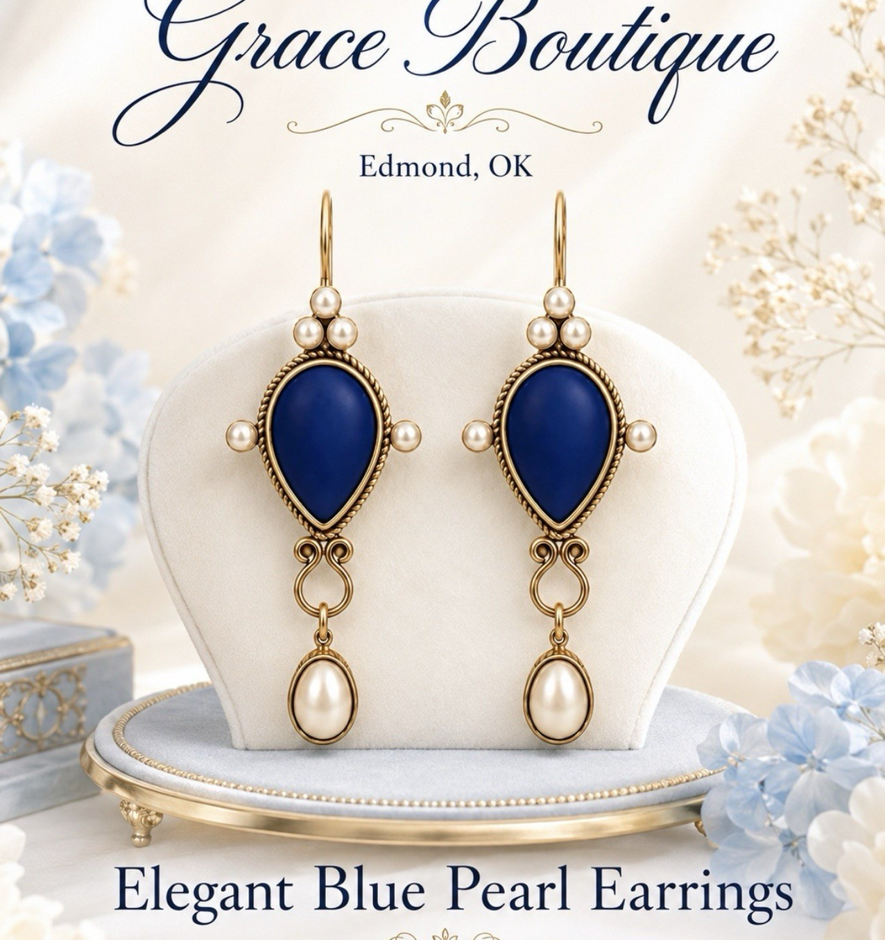Grace Boutique Teardrop Dangle Drop Earrings Gold Tone Blue White Pearl Hook