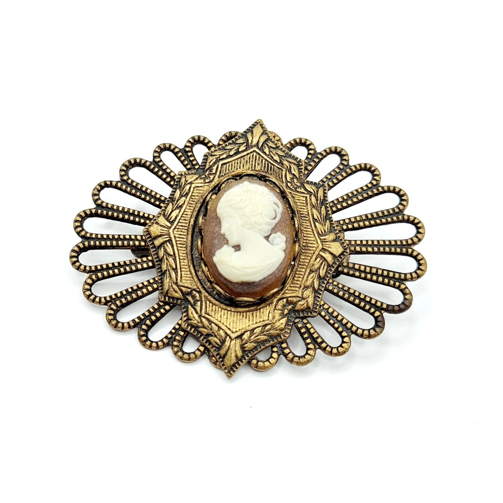 Vintage Cameo Brooch: Victorian Revival Goldtone Leaf Brooch