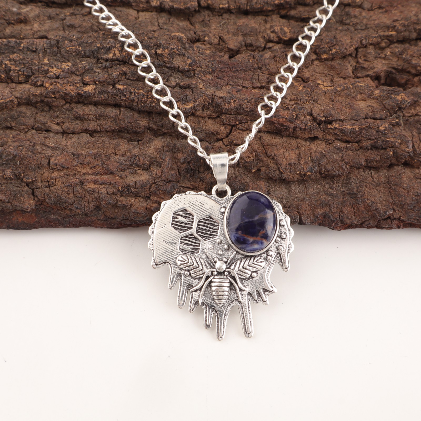 925 Silver Sodalite Stone Channel Set Anniversary Sister Wedding Pendant Jewelry