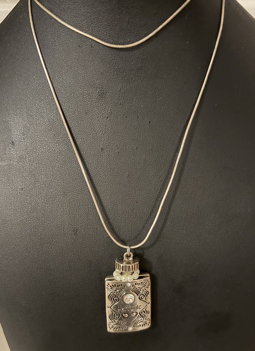 Vintage Decorative Silvertone Perfume Bottle Pendant On 925 Silver Necklace