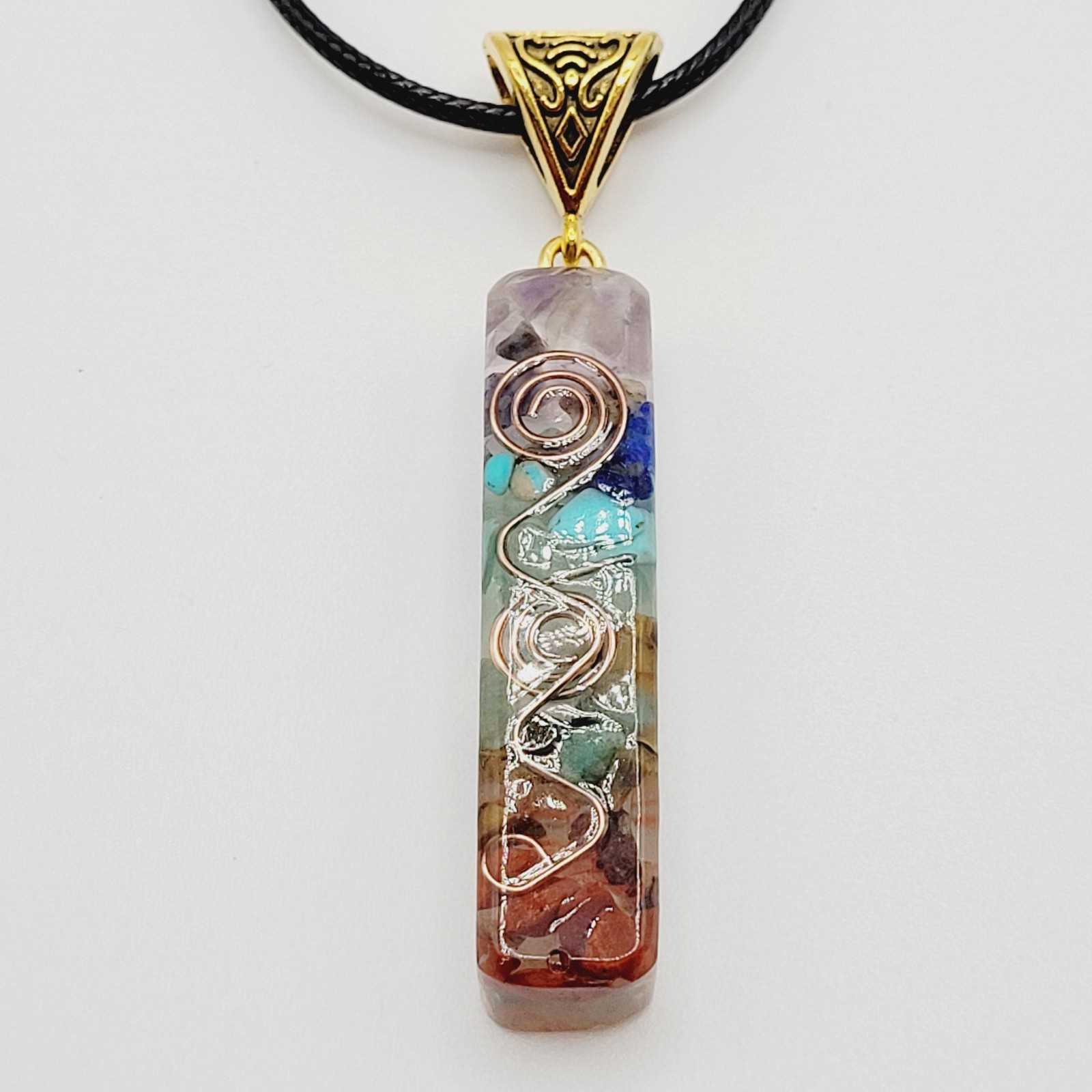 Modern Stone Chip Chakra Healing Meditation Pendant Faux Leather Cord Necklace
