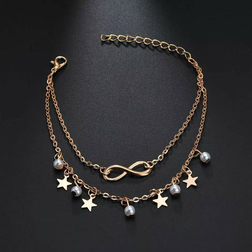 Simple Tassel Double Star Pearl 8 Word Female Anklet Barefoot Crochet Sandals