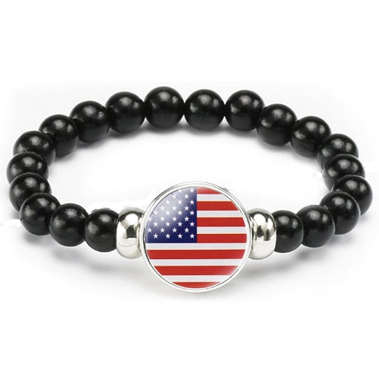 Black Adjustable Beaded Bracelet Snap Closure Round Flag Dangle Charm USA 6 pack