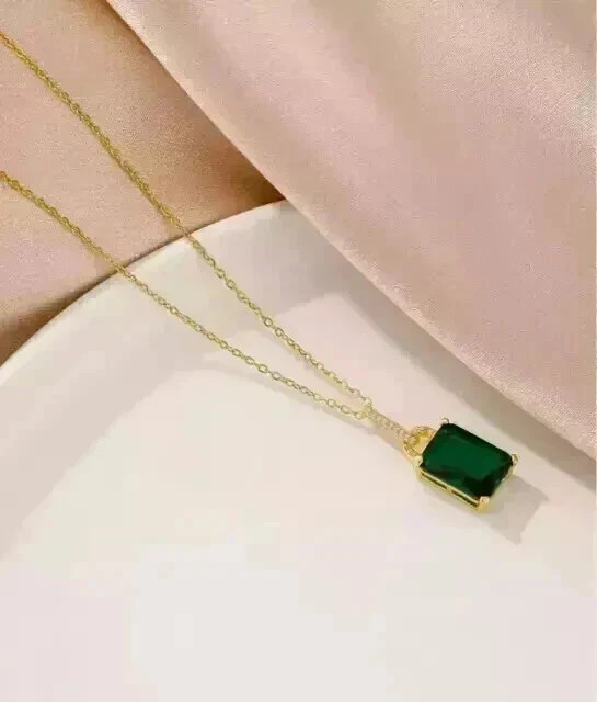 Simulated Green Emerald 2Ct Emerald Cut Solitaire Pendant 14K Yellow Gold Plated