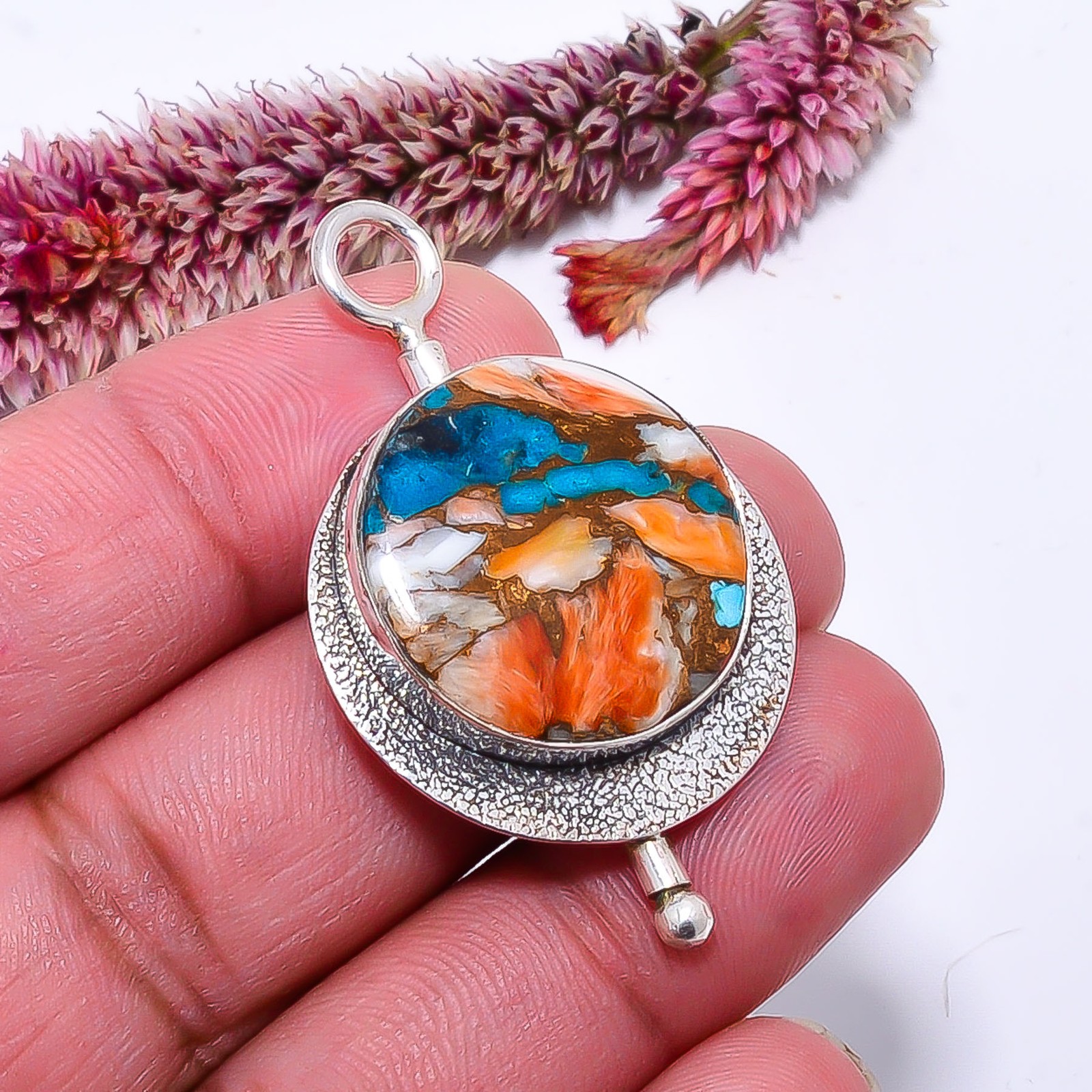 Copper Spiny Oyster Arizona Turquoise Handmade 925 Silver Pendant 1.79″ P1037614