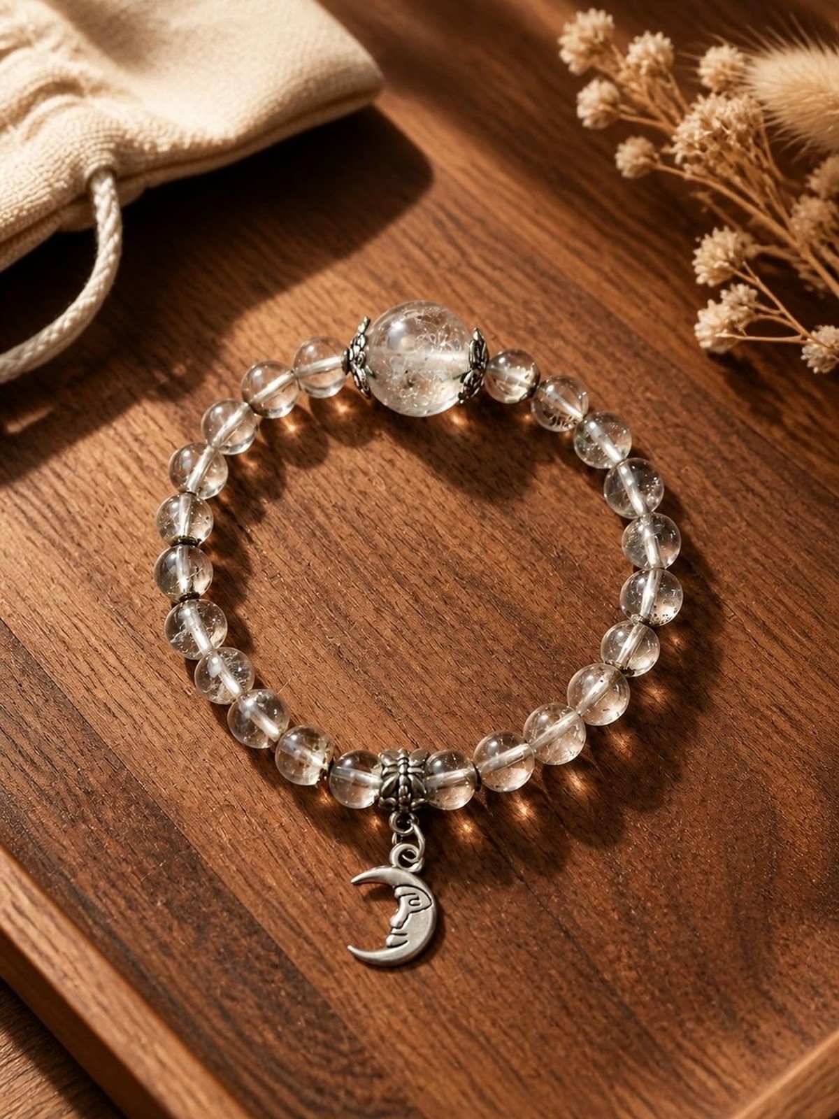 Lodolite Quartz Beaded Bracelet with Crescent Moon Charm