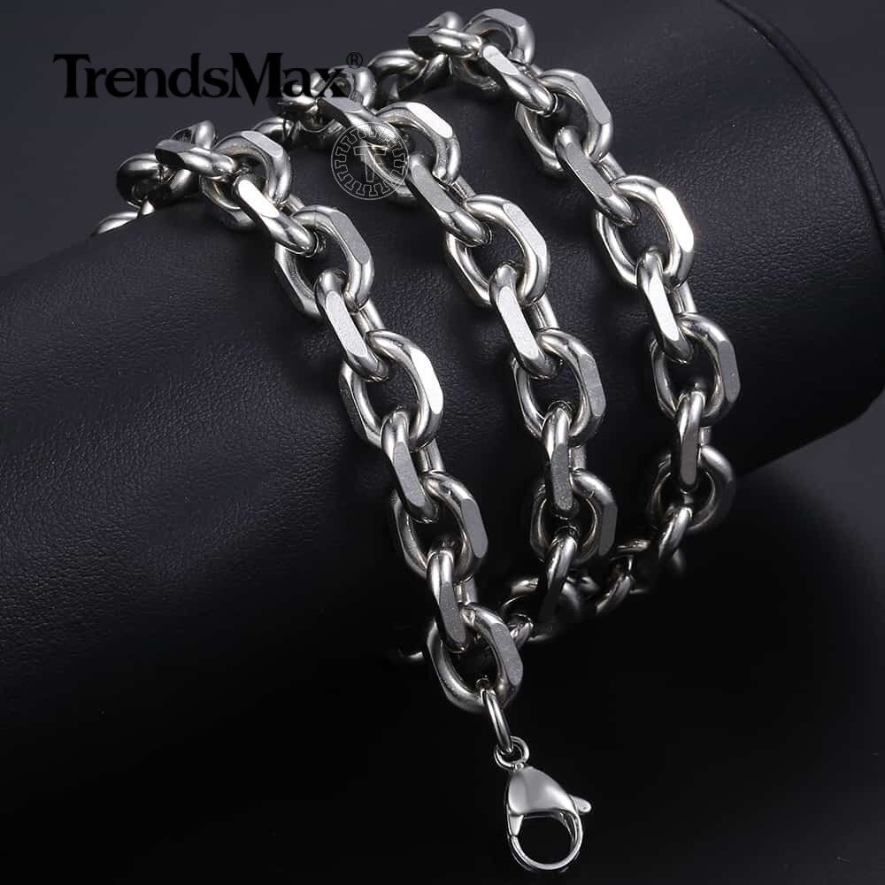 8mm Heavy Mens Cable Rolo Link Silver Tone Stainless Steel Necklace Chain 18-24″
