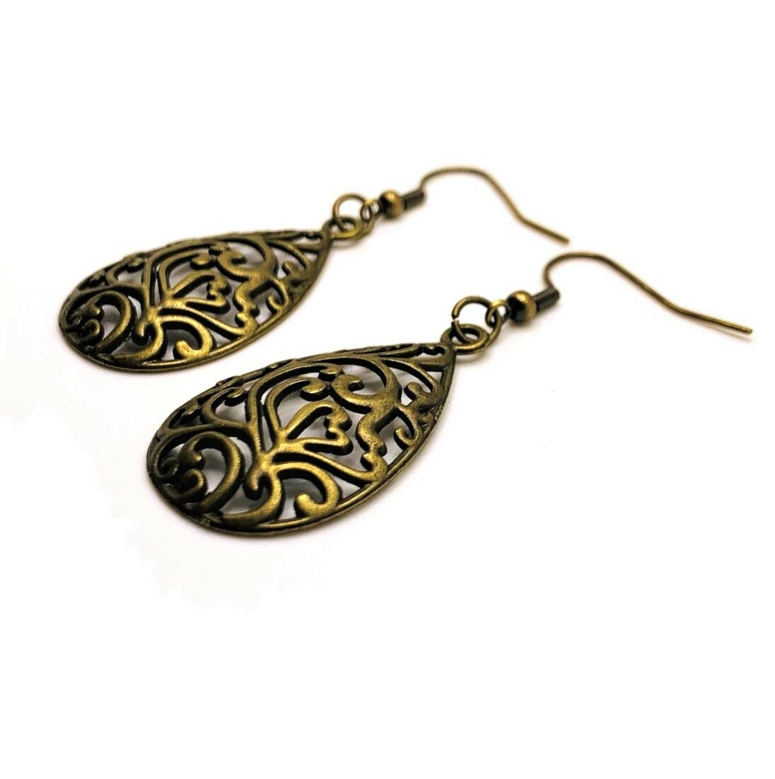Bronze Filigree Teardrop Light weight Earrings, Handmade – US Seller