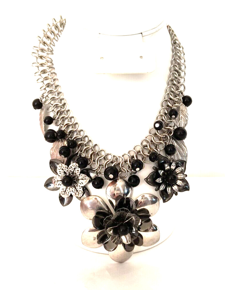 Silver Tone & Black Women’s Statement Necklace Flower Shapes Adjustable Length