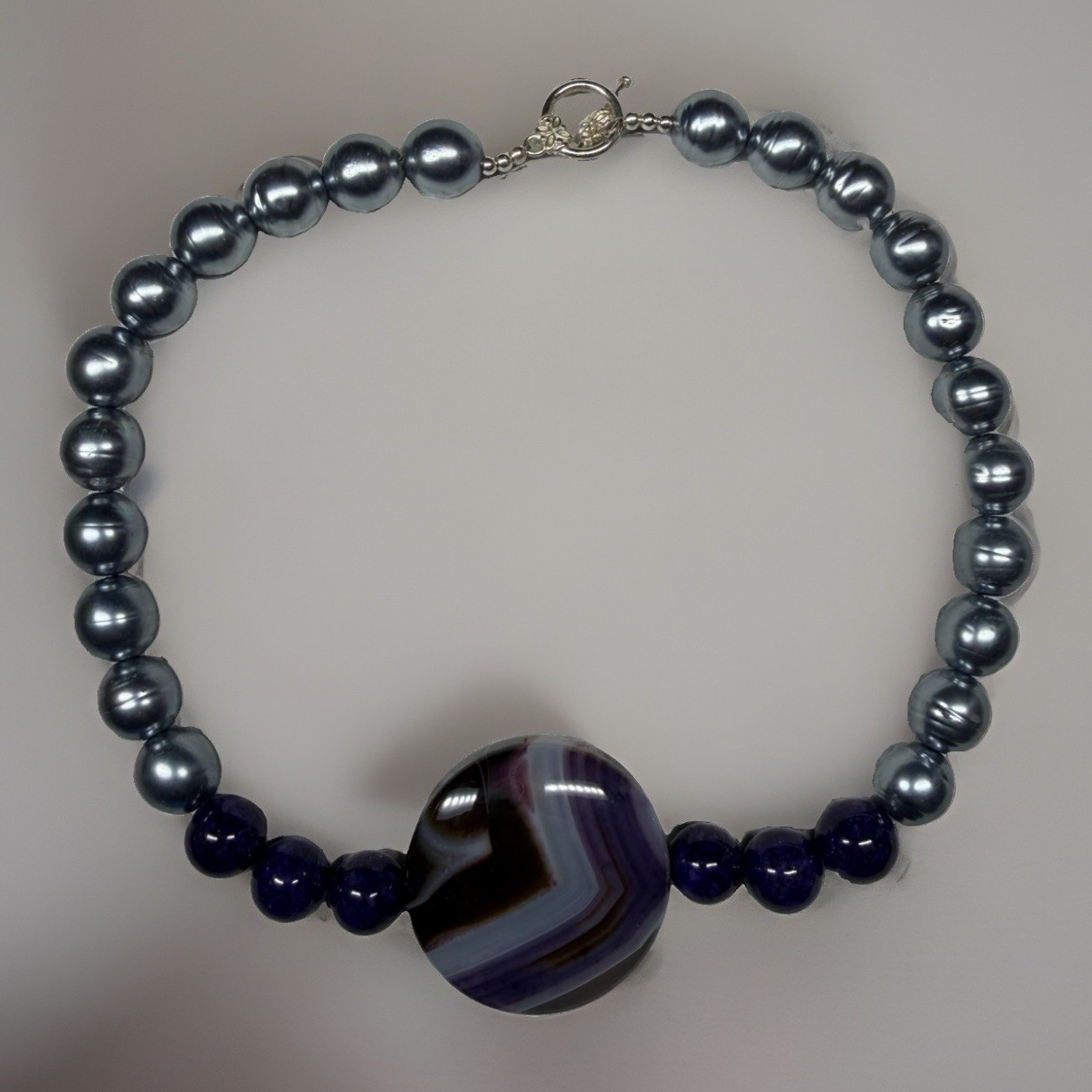Artisan Banded Purple Agate Statement Necklace Pearl Beads Silver Clasp OOAK