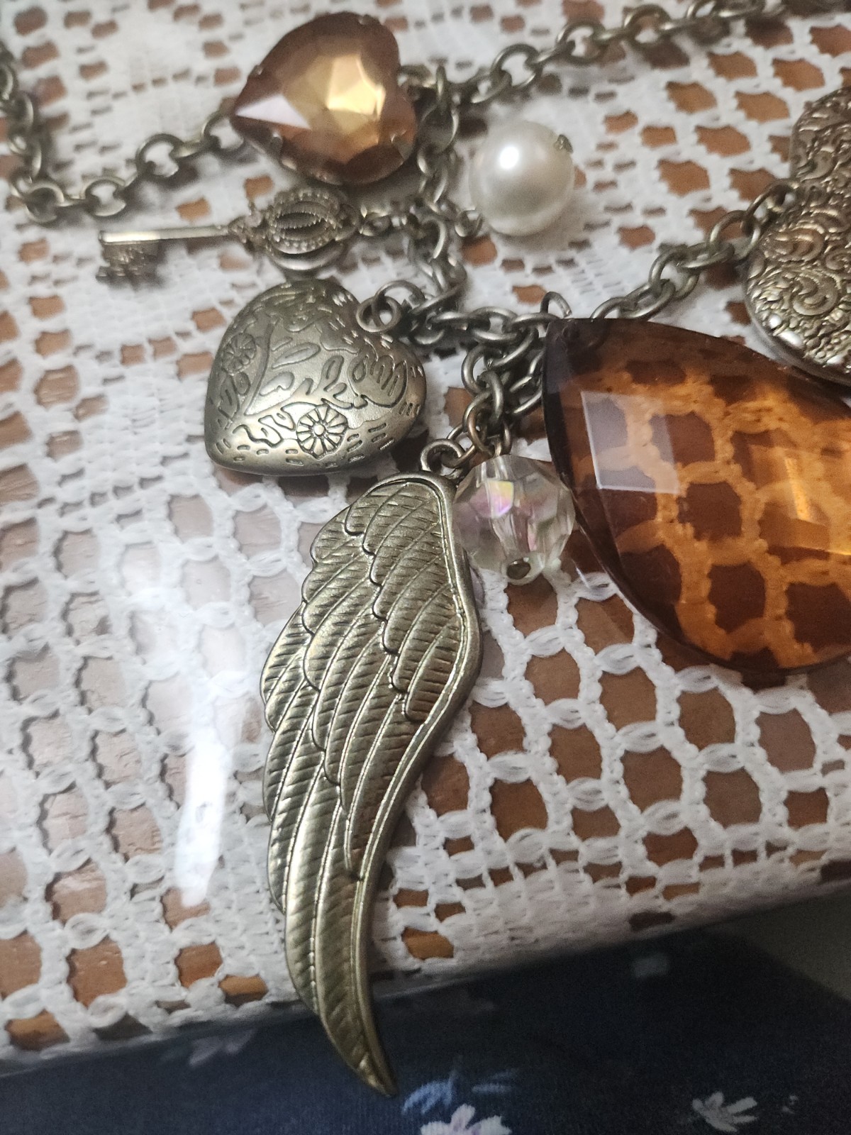 Boho Charm Statement Chain Necklace Vintage Style Hearts Beads Wing Key