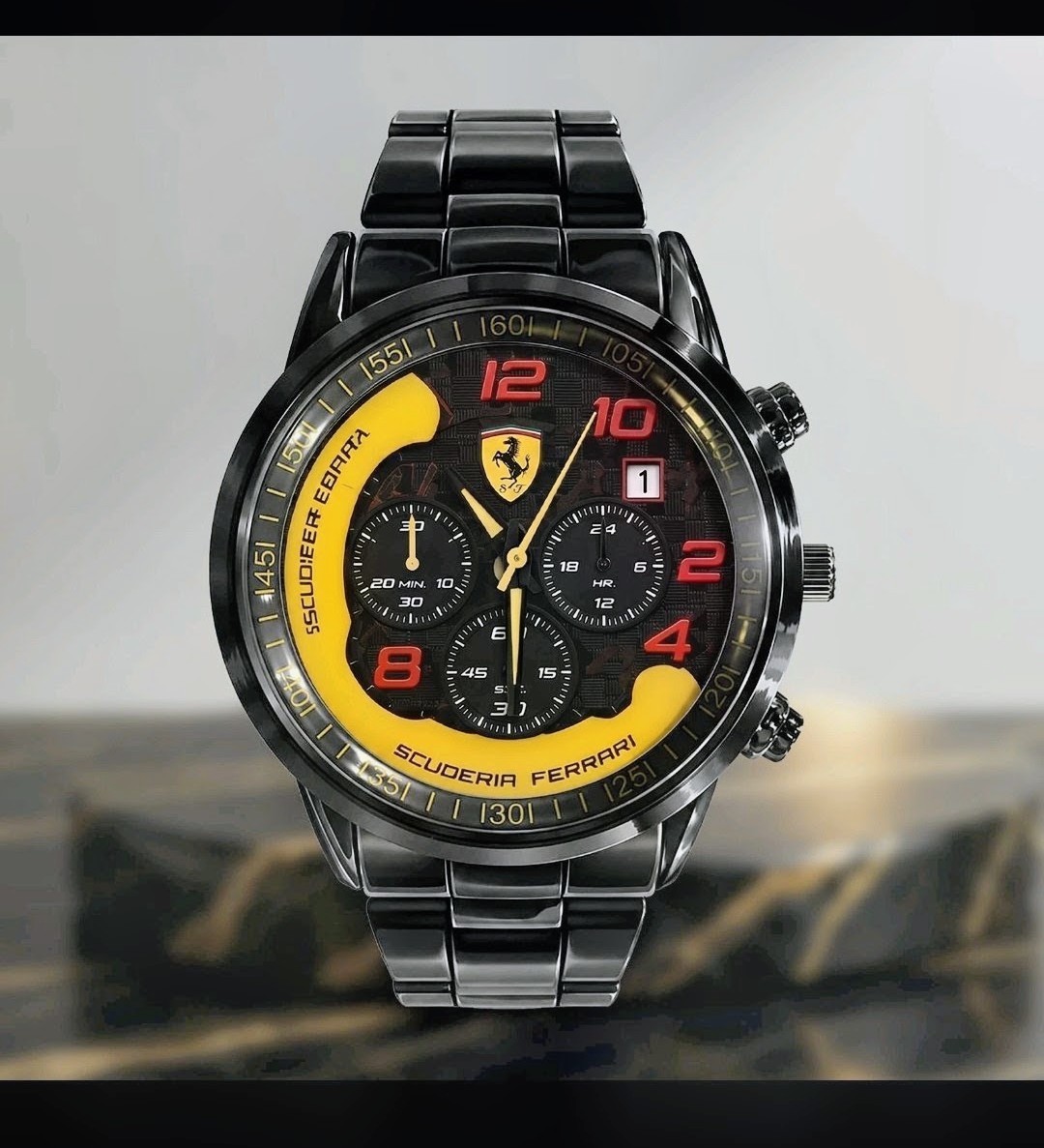 🇦🇹🏁FERRARI TEAM RACING WATCH BLACK STAINLESS & LEATHER BOX BEAUTIFUL 🏁🇦🇹