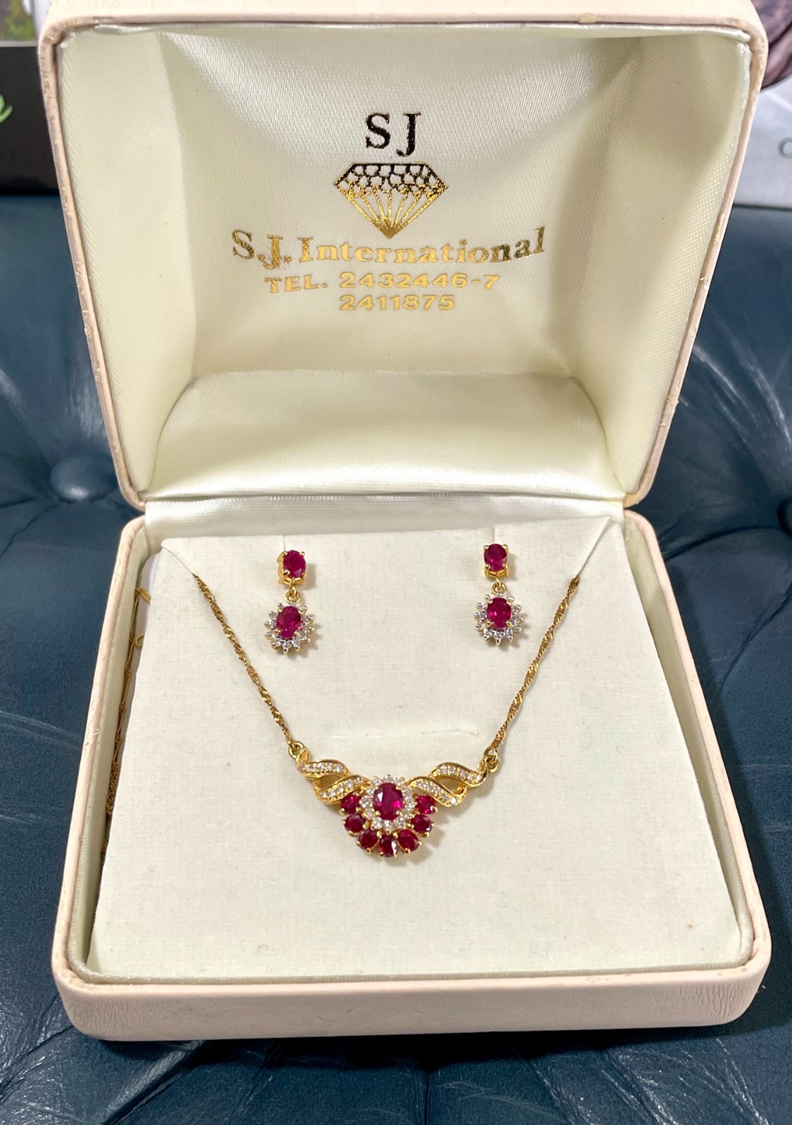 18KT Yellow Gold, Diamond, and Ruby Pendant and Earing Set