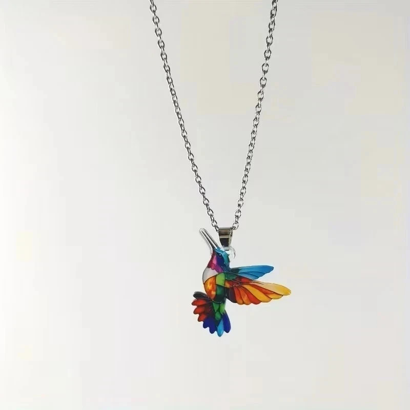 Colorful Hummingbird Pendant Necklace Rainbow Enamel Bird Charm Women Gift Chain