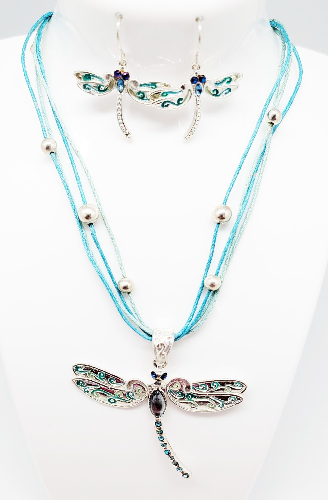 DESIGNER INSPIRED 18 in BLUE CRYSTAL ENAMEL MULTI CORD SILVERTONE JEWELRY SET