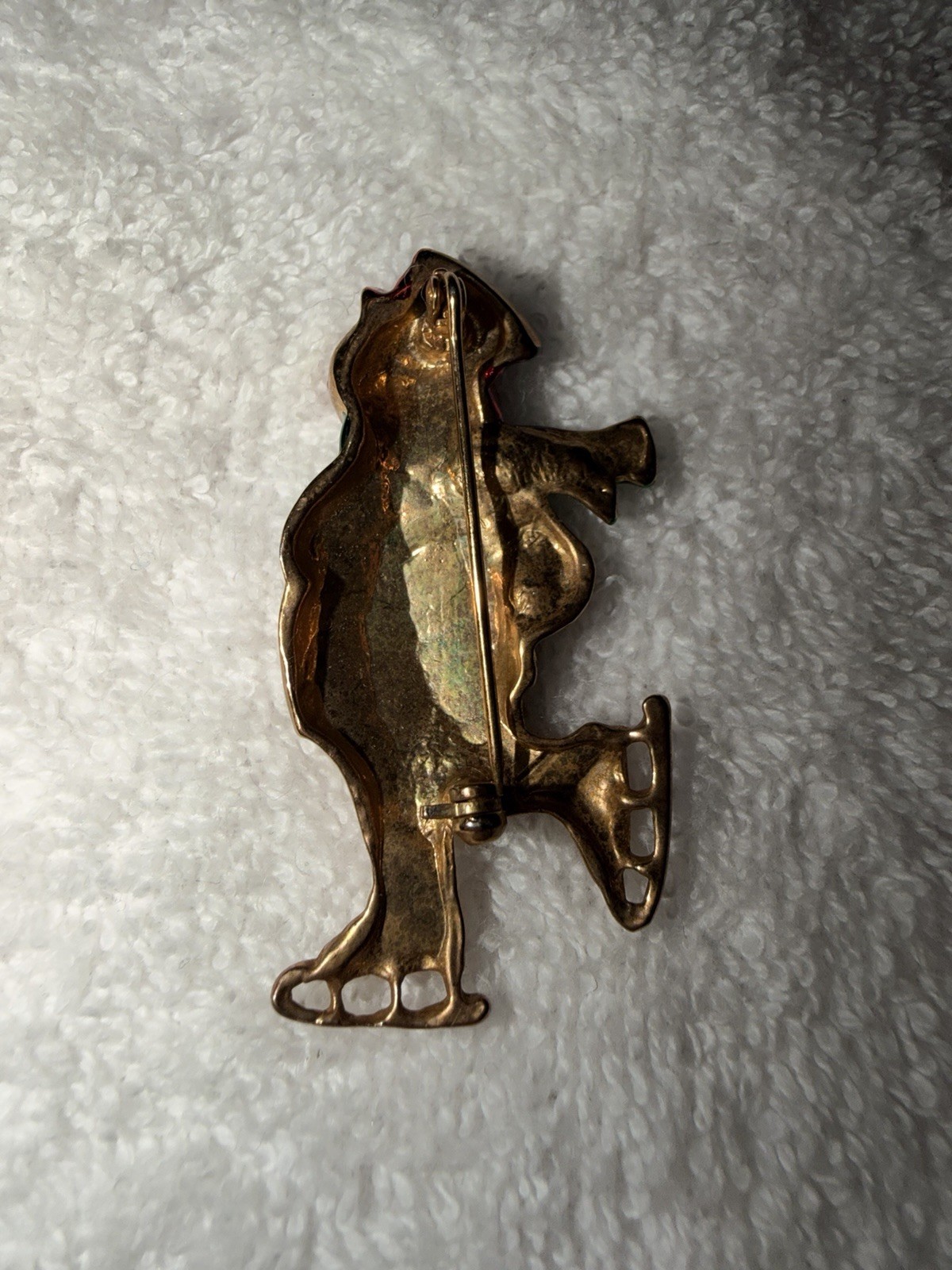 Snowman Ice Skating Brooch Pin Gold Tone Enamel Green Scarf Red Hat Christmas