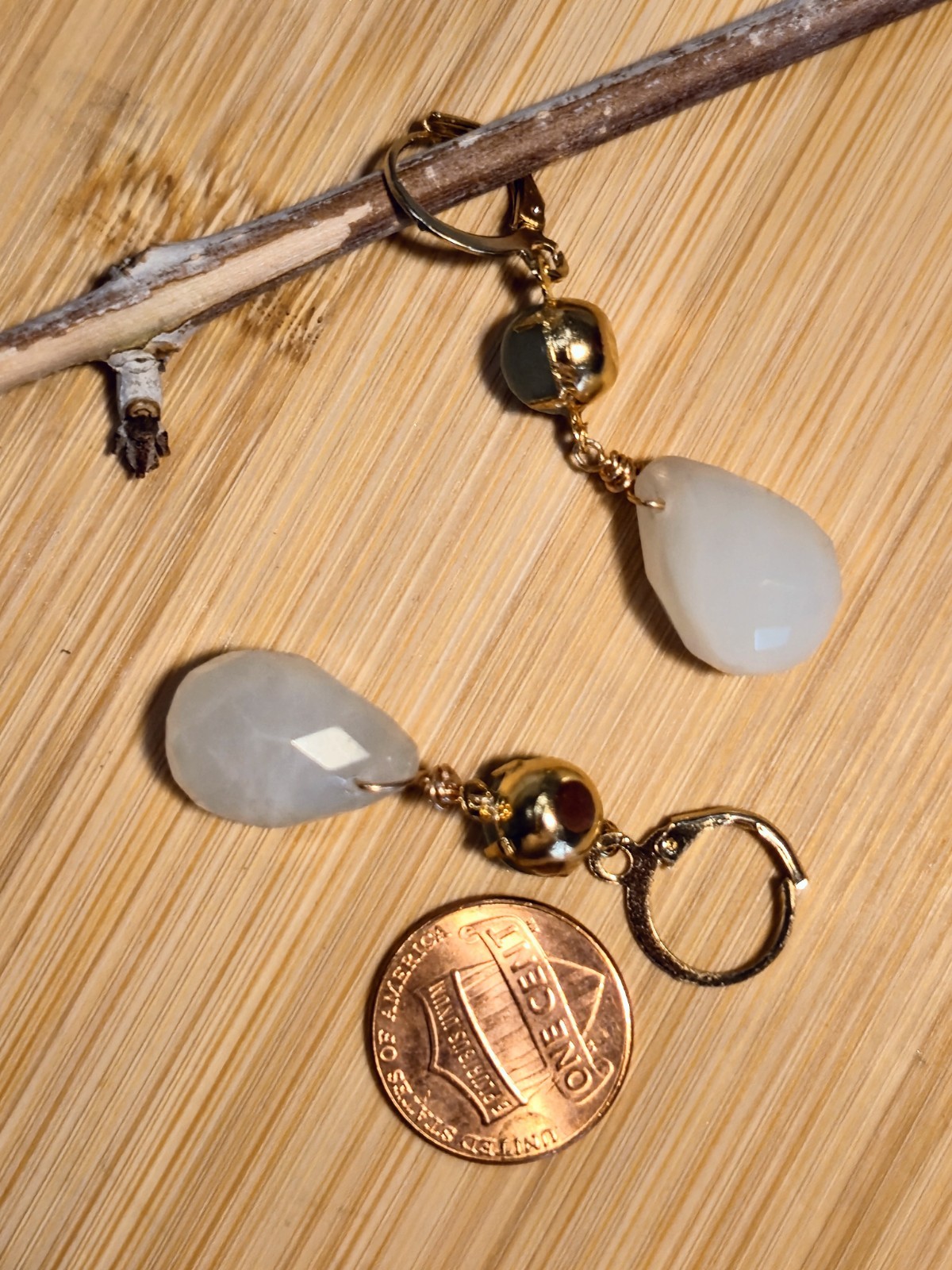 Natural Green Jade In Large Drop Gold Plated Earrings