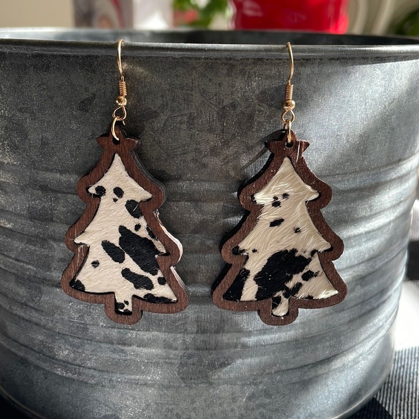 Sold- Cow print Wood Christmas Tree Earrings