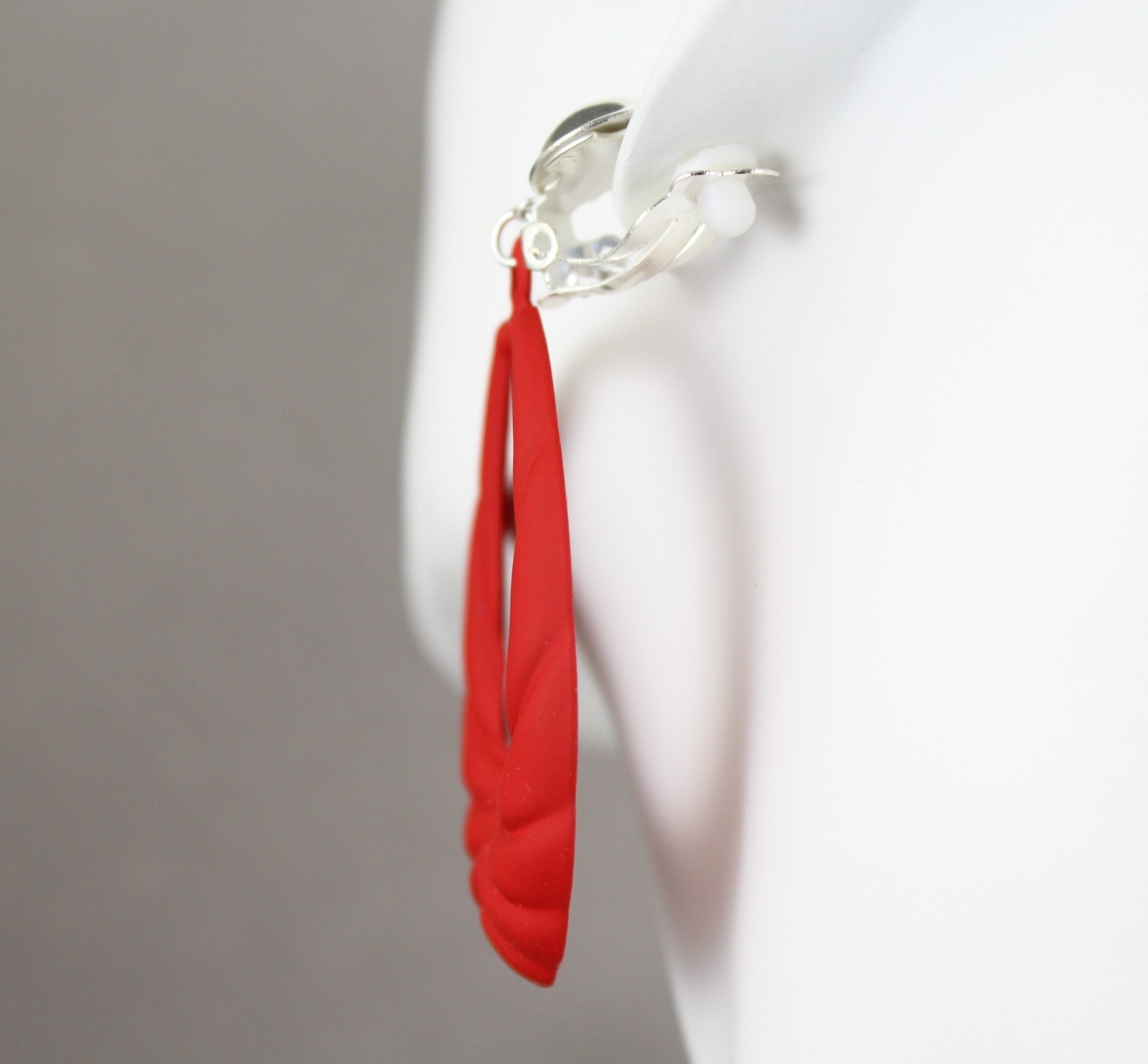 Red oval teardrop Clip On earrings pendant clips 2.75″ long lightweight
