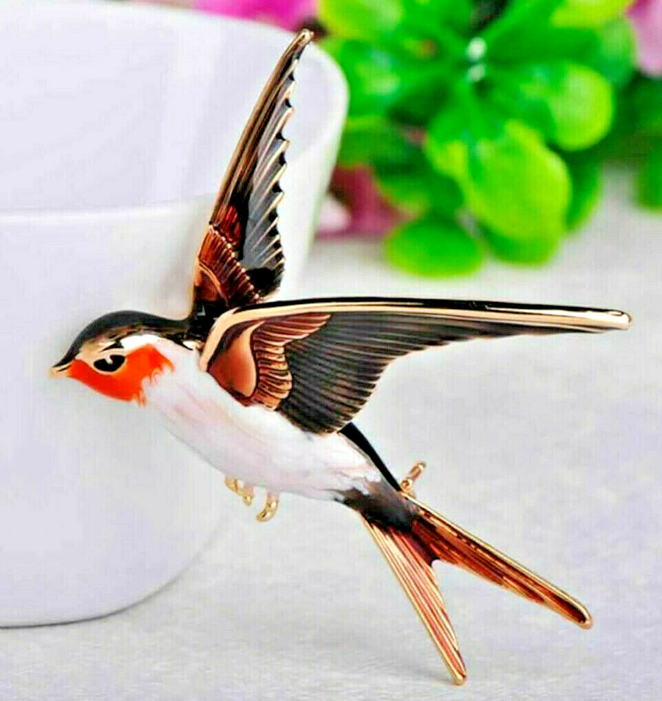 Forest JAY Flying BIRD Colorful Orange Crested Enamel Necklace Pendant Brooch