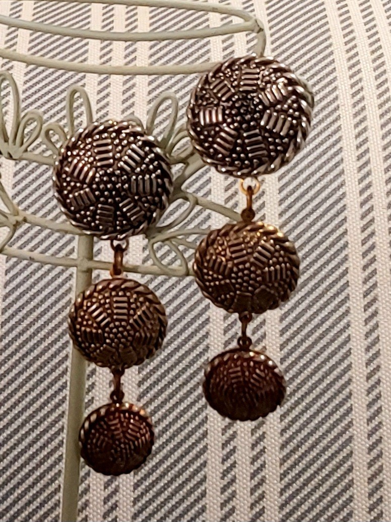 Copper Tone Textured Round Dangle/Drop Clip-On Earrings for Lobe, Metal