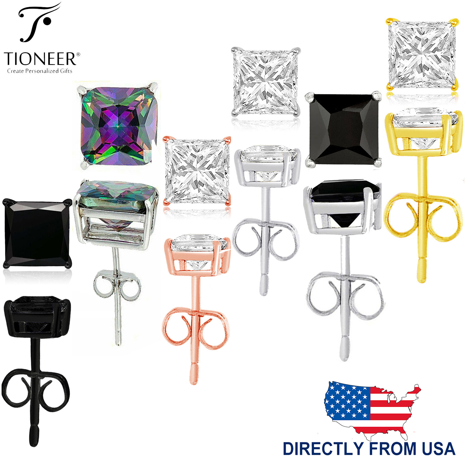 Sterling Silver 925 Princes Square Cut Cubic Zirconia Men Women Ear Stud Earring