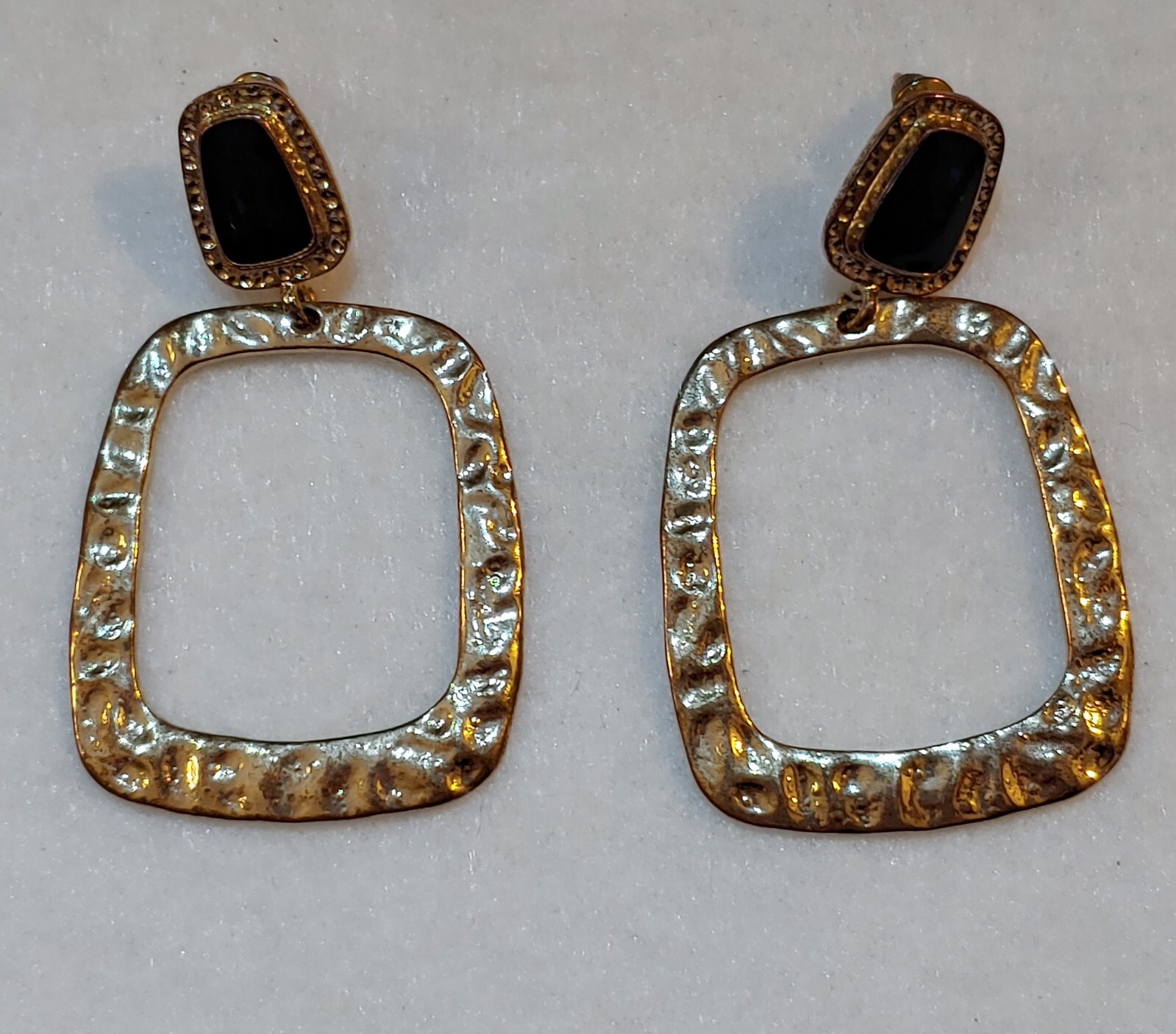 Gold tone black Enamel dangle – pierced earrings- 2 1/4 in Long x 1 3/8 in Wide