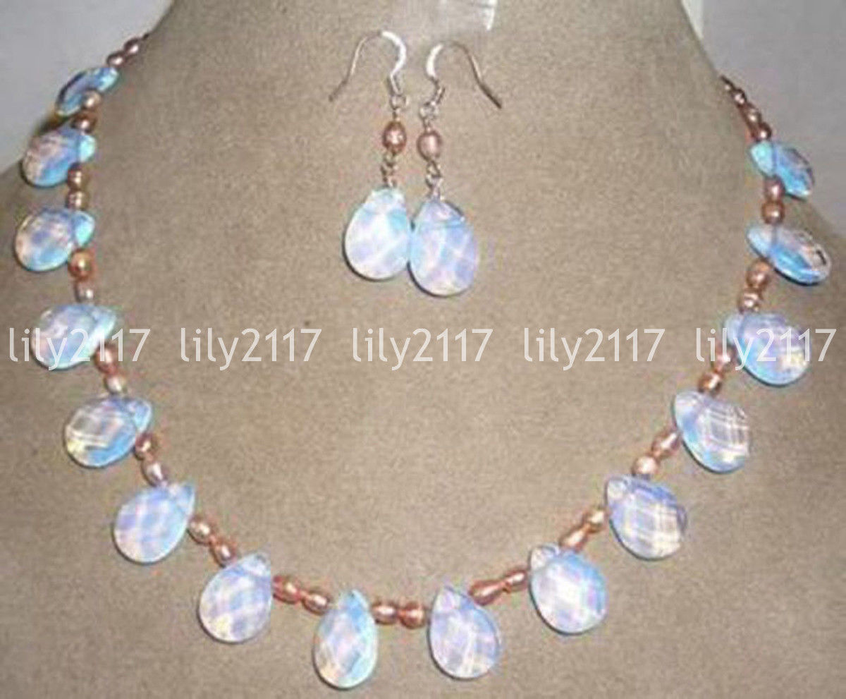 Pink Pearl Sri Lanka White Moonstone Drops Pendant Necklace Earrings Jewelry Set